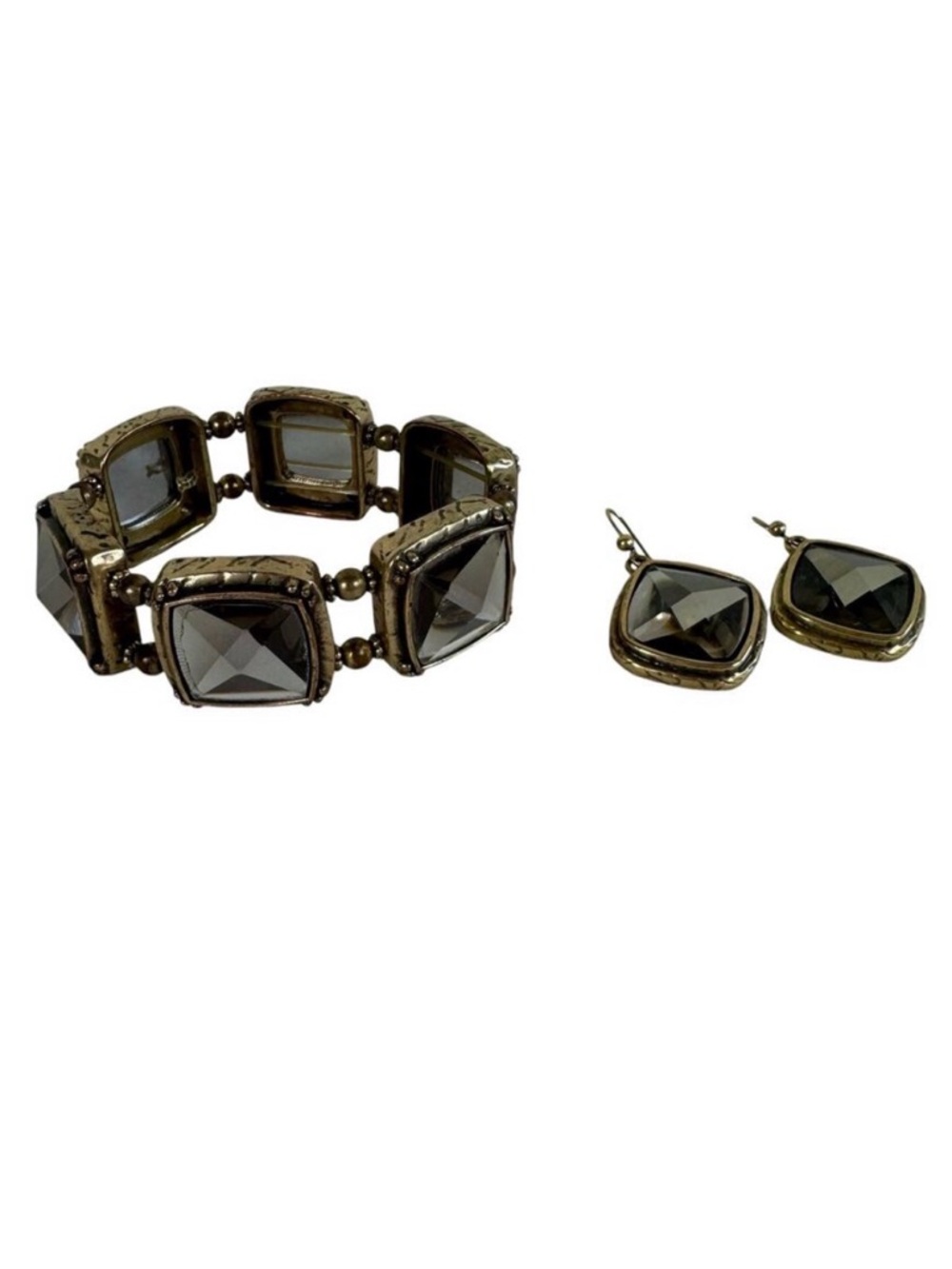Brass Tone Metal Vintage Inspired Square Gemstone Bracelet‎ Earring Old Money
